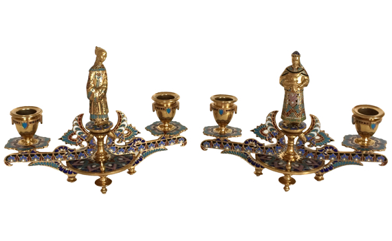 Antique Pair of French Gilt Bronze & Champlevé Candlesticks