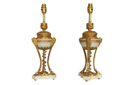 Antique Ormolu & Marble Cassolette Table Lamps